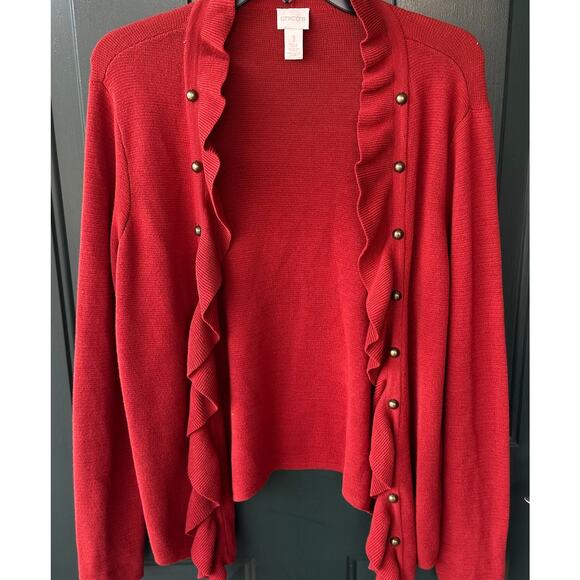 Chico’s Rust Ruffle Cardigan Sweater M Soft Cottagecore Feminine Fall Layer - Picture 2 of 7